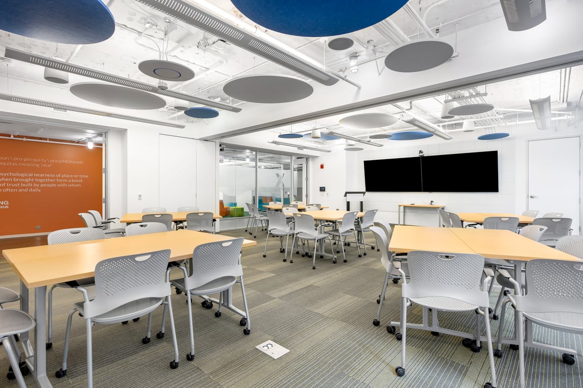 An interior shot of Conference Rooms A+B! Virtual Enabled Meeting Rooms with City Views | Ideal for In-Person & Virtual Off-sites | Bright & Modern in a Tech Focused Shared Workspace