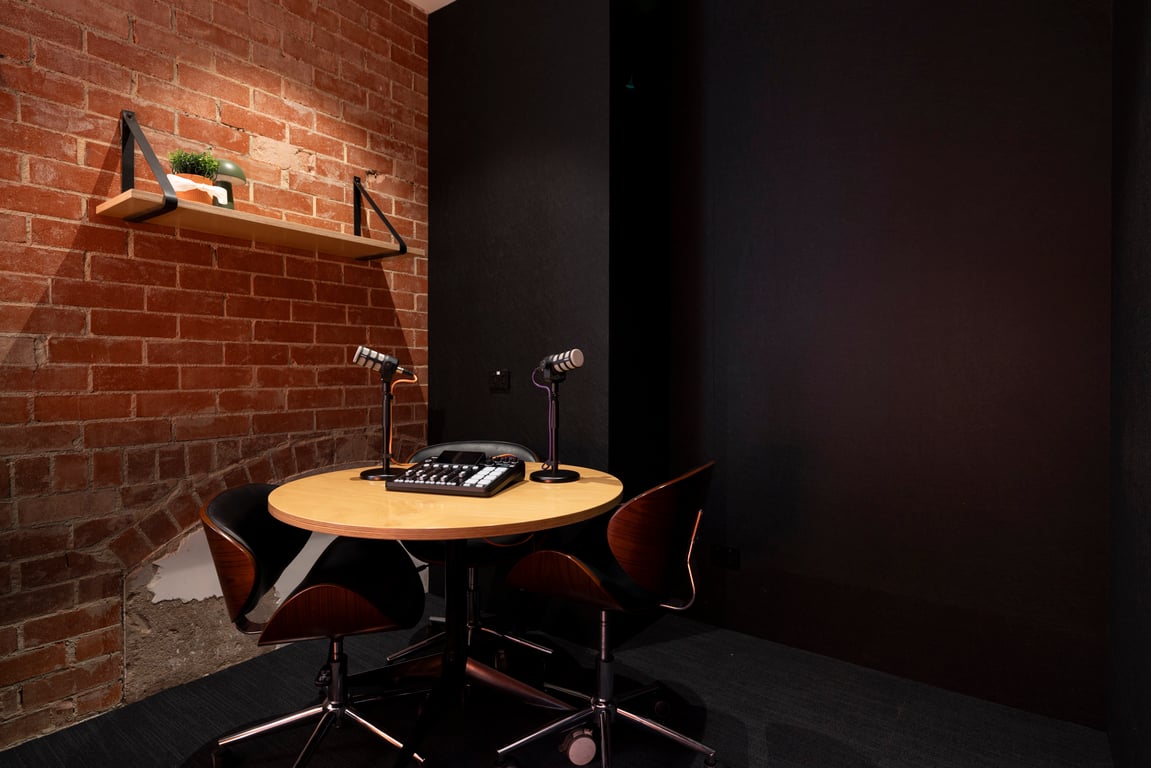 An interior shot of PODCAST STUDIO