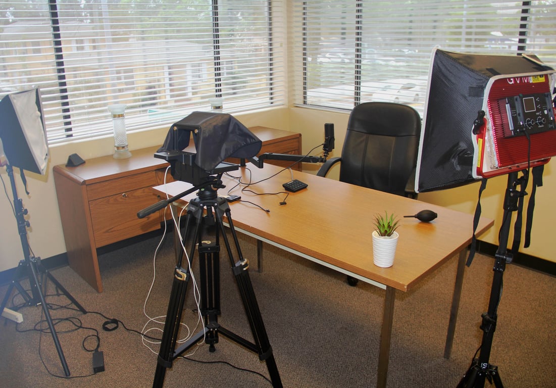 An interior shot of Podcast & Private Office for 1 #204 – No Glass. Full Privacy. Double Window Creative Workspace
