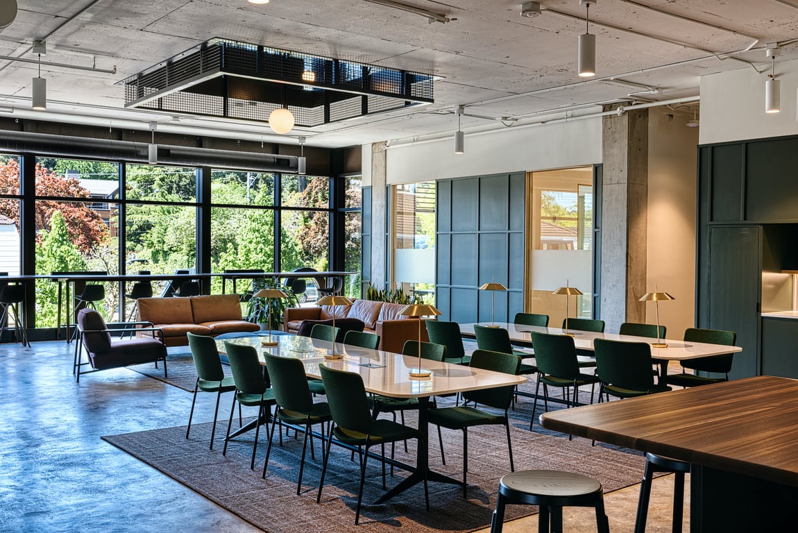 An interior view of CENTRL Office offers elegantly designed offices, desks, and meeting rooms that can be booked by the day, month, or year..