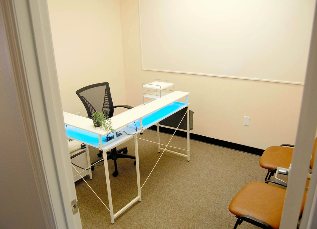 An interior shot of Private One Person Office #202 – No Glass. Full Privacy. Built for Deep Focus.