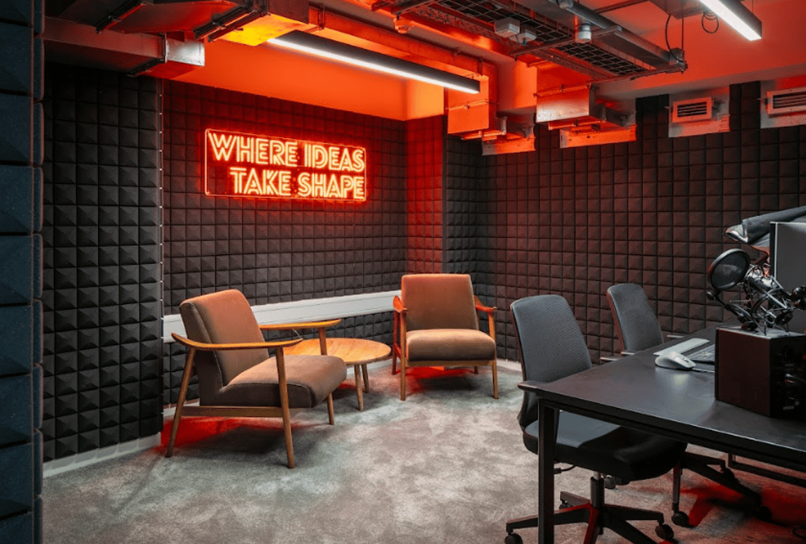 An interior shot of Amplitude Podcast Studio