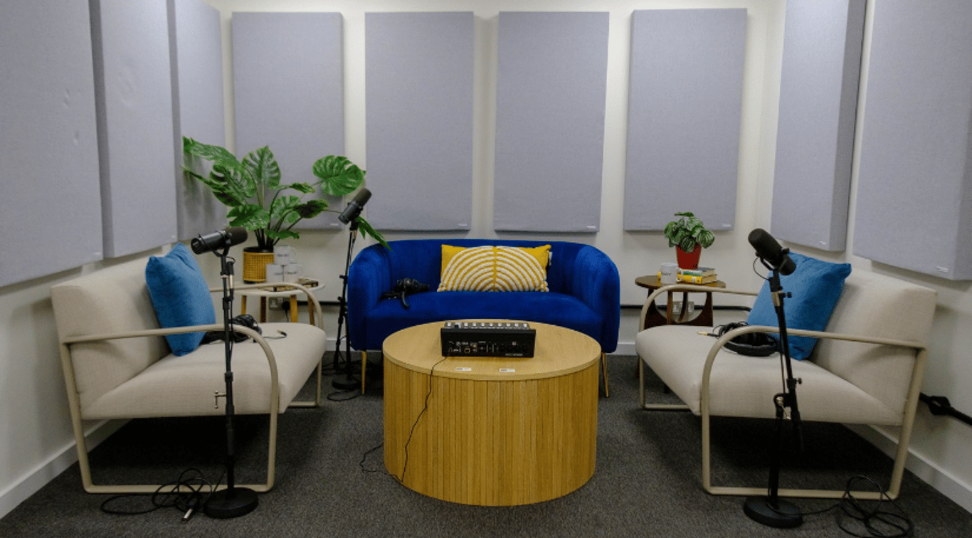 An interior shot of Podcast Studio 1