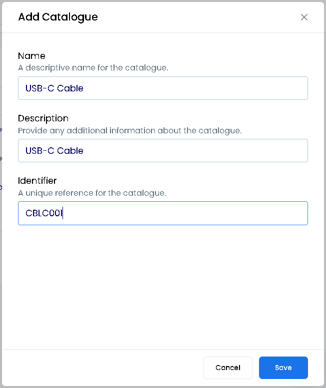 Entering the catalogue details