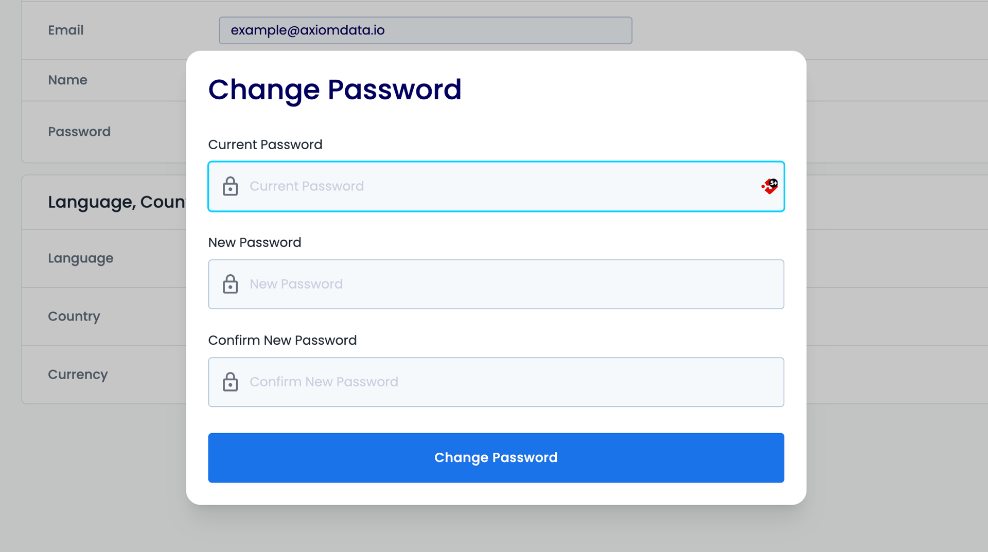 Password change form with current and new password fields