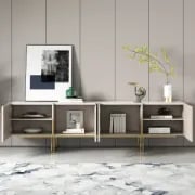 Élory - Natural Wood TV Stand with Stainless Steel Legs & Marble-Look Top