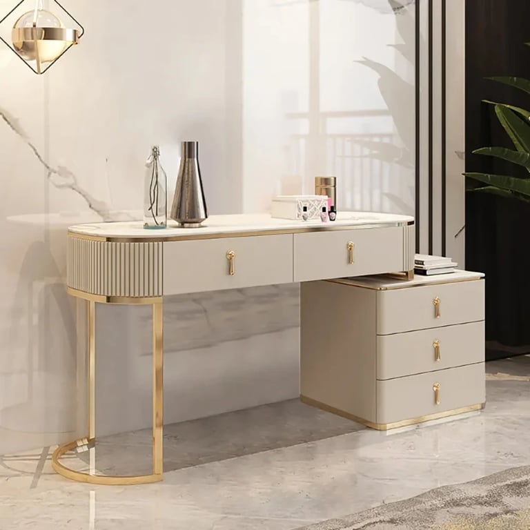 Clarette Vanity – Modern Natural Wood Design with Gold Stainless Frame and Elegant Storage Drawers