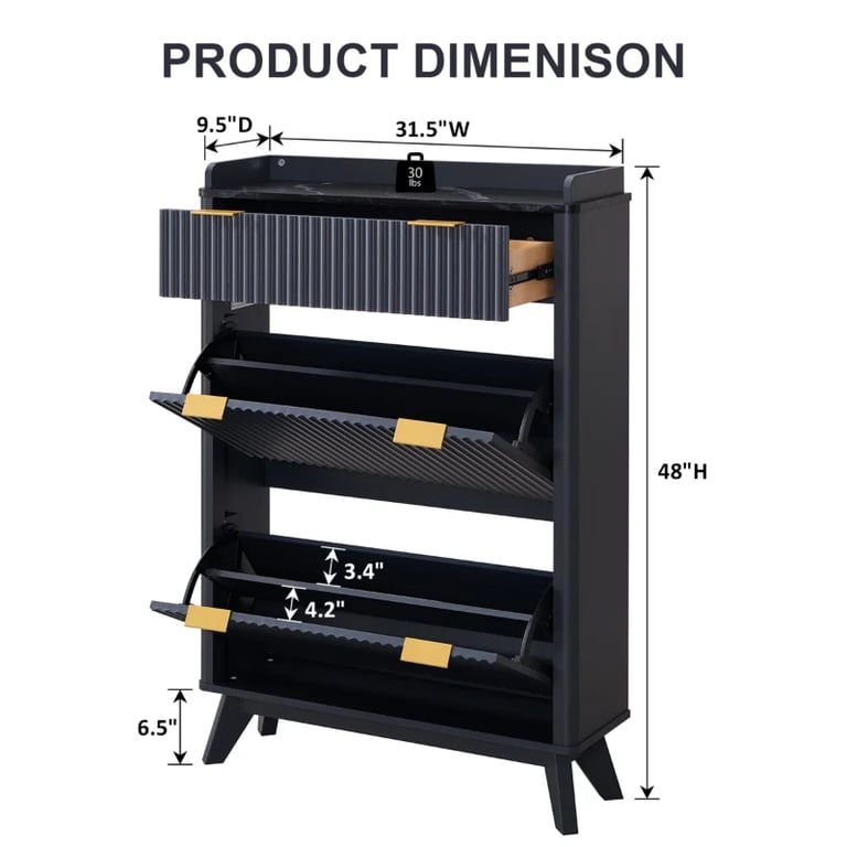 Lévon – Wavy Natural Wood Shoe Cabinet with Faux Marble Top