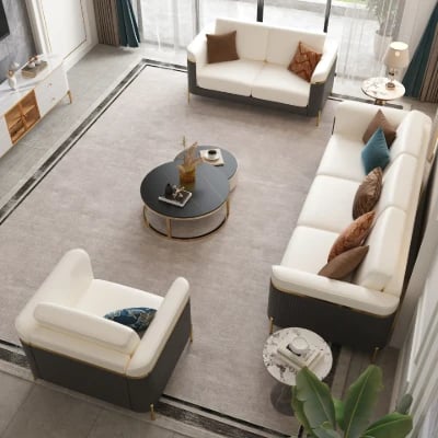 Diora – Sofa Set of Two Sofas & One Armchair with Natural Wood Frame and Gold Stainless-Steel Legs