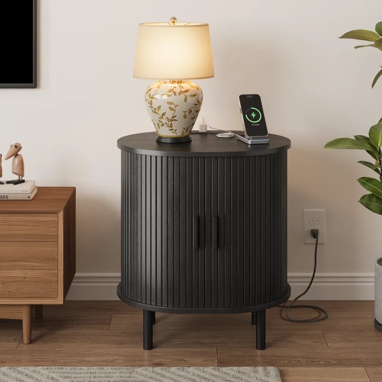 Lumin – Round Side Table with Storage & Charging – Natural Wood