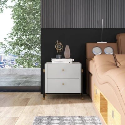 Haki Nightstand – Natural Wood Frame with Faux Marble Top and Dual Drawers