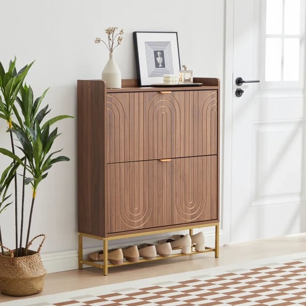 Arvéo – Natural Wood Shoe Cabinet with Gold Accents