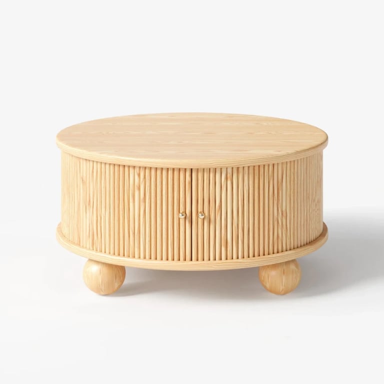 Aureo Round Storage Coffee Table with Sliding Doors – Natural Wood