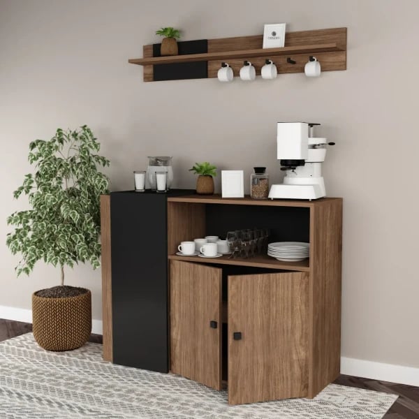 Tavric Coffee Corner Cabinet – Natural Wood with Black Accent Panel