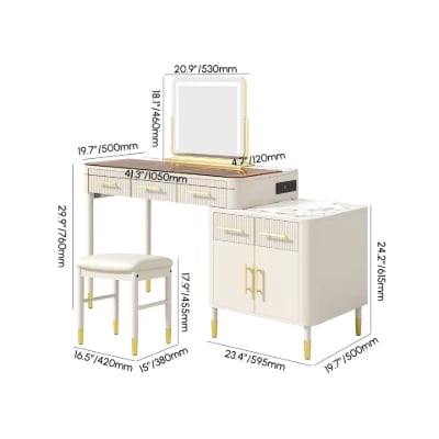 Velona Vanity Set – Natural Wood with Glass & Marble-Look Surfaces, LED Mirror & Chair