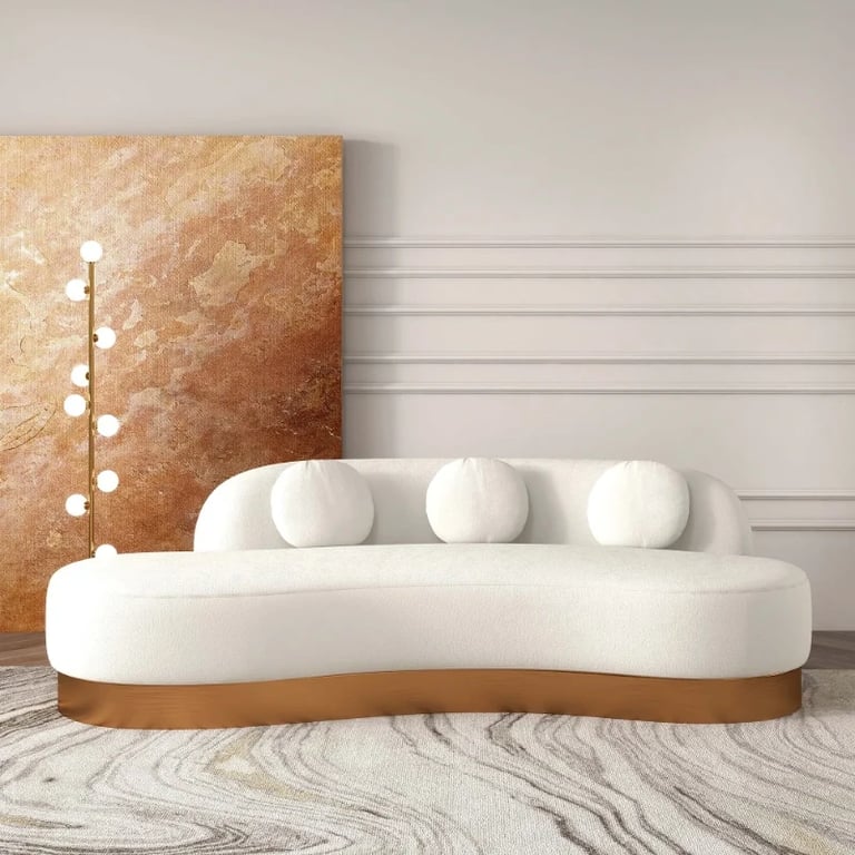 Picture of Dermo Modern White & Gold Velvet Curved Sofa for 3 Seaters with Pillows