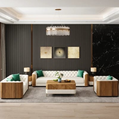 Montclair – Luxury Sofa Set with Two Sofas and an Armchair in Natural Wood Accents