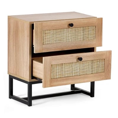 Mira Side Table – Natural Wood with Two Rattan Drawers and Elegant Black Metal Base