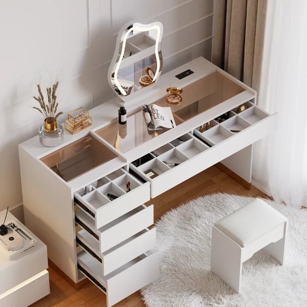 Aurielle – Natural Wood Vanity Set with Chair, LED Mirror, and Multiple Storage Drawers