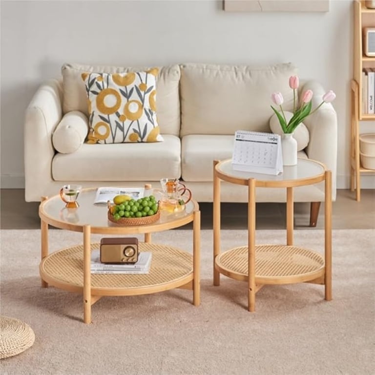 Picture of Solana Natural Wood Round Coffee Table – Glass Top with Rattan Base