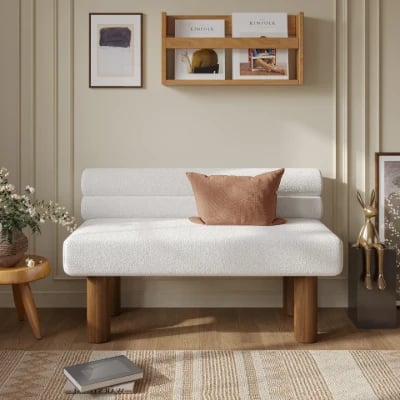 Liora Upholstered Bench with Curved Backrest – Natural Wood