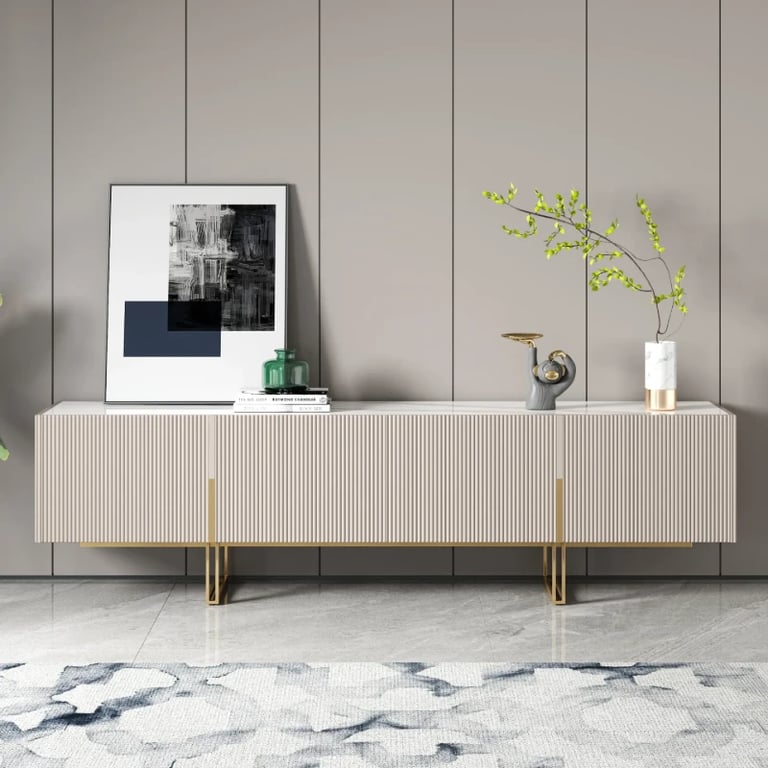 Élory - Natural Wood TV Stand with Stainless Steel Legs & Marble-Look Top
