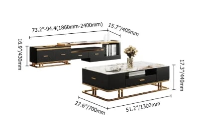 Nocturne – TV Unit and Coffee Table Set in Natural Wood with Gold Stainless Steel Accents and Marble-Look Top