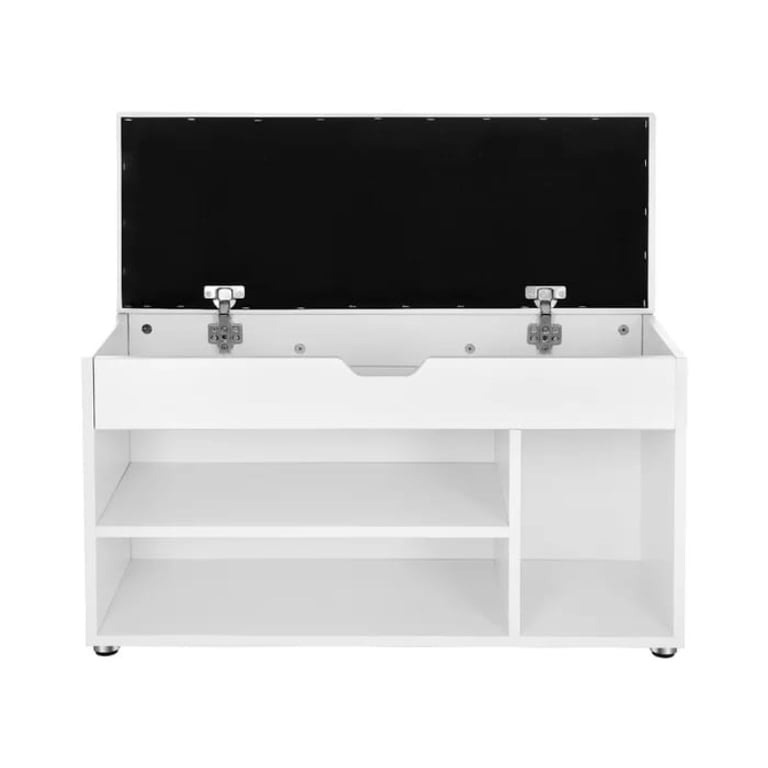 صورة خزانة أحذية خشب طبيعي بمقعد - أبيض