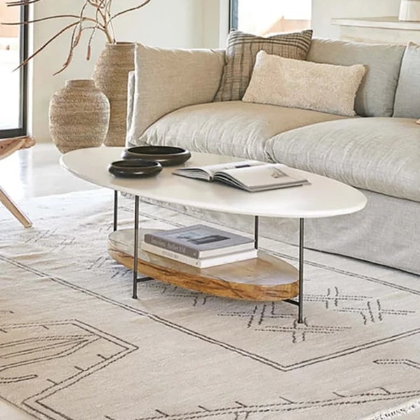 Elaris – Oval Coffee Table with Two Layers | Natural Wood & Marble Alternative