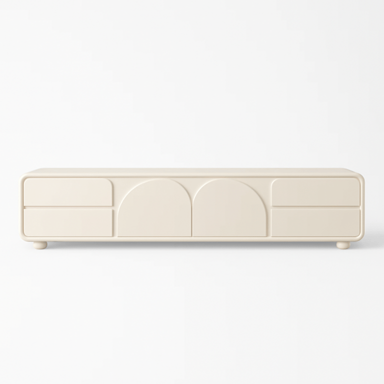 Picture of Arime Natural Wood TV Unit – Arched Storage & Drawers