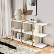 Vionna Low Display Shelf – White Wood with Gold Accents