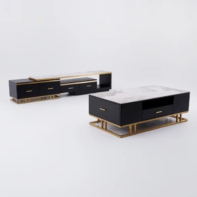 Nocturne – TV Unit and Coffee Table Set in Natural Wood with Gold Stainless Steel Accents and Marble-Look Top