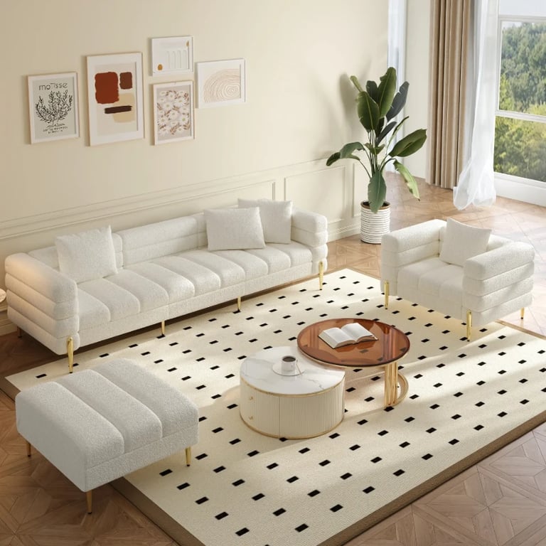 Amélis– Modern Natural Wood Sofa Set with Armchair and Ottoman, Golden Legs