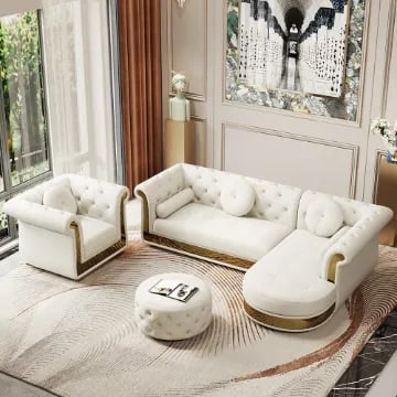 Valencia – Tufted Sectional Sofa made of Natural Wood with Gold Stainless-Steel Touch, featuring Armchair & Chaise Lounge