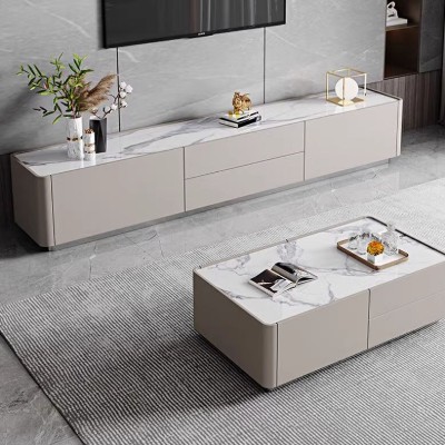 صورة طاولة قهوة لوسترا من الخشب الطبيعي – بسطح حجري وتخزين مخفي