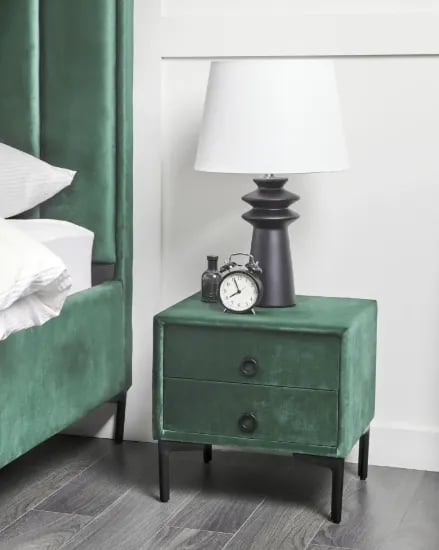 Aureva – Upholstered Bedside Table with 2 Drawers & Metal Legs