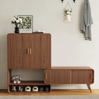 Lunaro – Modular Shoe Cabinet with Sliding Bench | Natural Wood