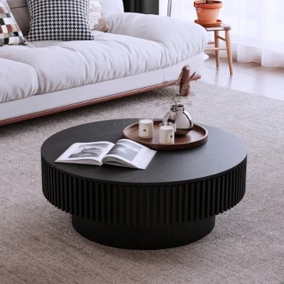 Elyra Round Coffee Table with Hidden Storage – Natural Wood
