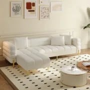 Amélis– Modern Natural Wood Sofa Set with Armchair and Ottoman, Golden Legs