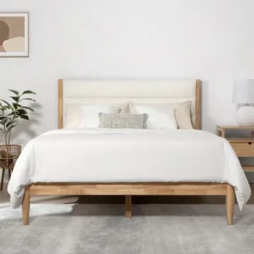 Mason – Upholstered Bed with Natural Wood Frame