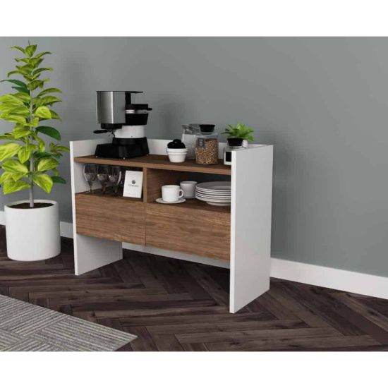 Picture of Nordéa Coffee Corner Cabinet – Natural Wood Shelves with White Frame .