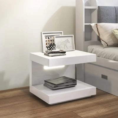 Vens Nightstand – Single Drawer with LED Light and Natural Wood Frame