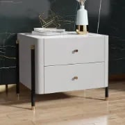 Haki Nightstand – Natural Wood Frame with Faux Marble Top and Dual Drawers