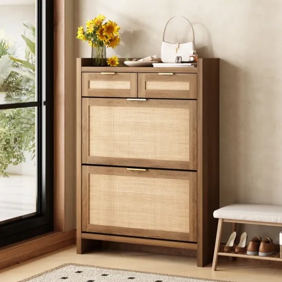Rivanne - Natural Wood Shoe Cabinet with Rattan Front