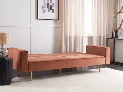 Soleil Velours Convertible Sofa Bed from natural wood – Velvet Upholstery with Golden Legs.
