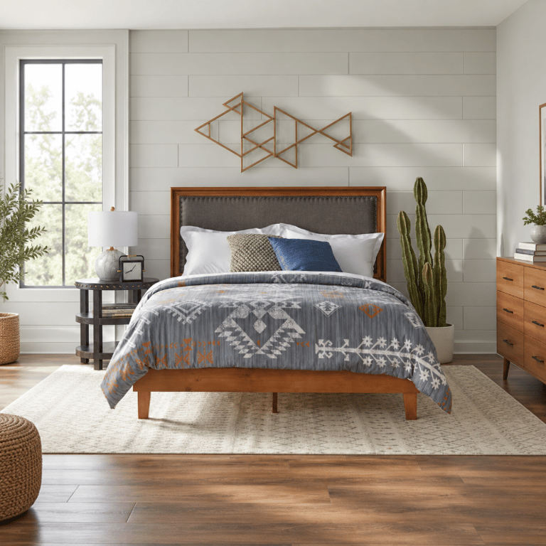 Picture of Norelle Natural Wood Upholstered Bed – Nailhead Trim Design