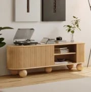 Oniro Long Media Console with Fluted Sliding Panels – Natural Wood