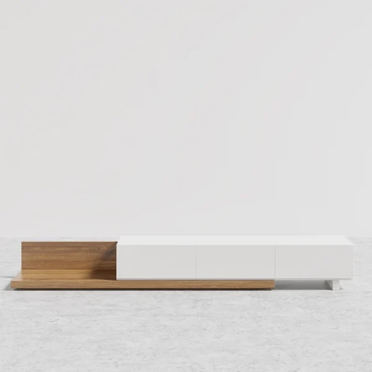 صورة وحدة تلفزيون لوناۤرا قابلة للتوسيع – خشب طبيعي مع 3 أدراج تخزين