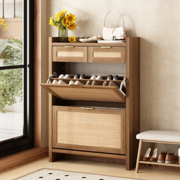 Rivanne - Natural Wood Shoe Cabinet with Rattan Front
