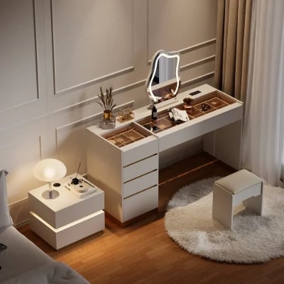 Aurielle – Natural Wood Vanity Set with Chair, LED Mirror, and Multiple Storage Drawers